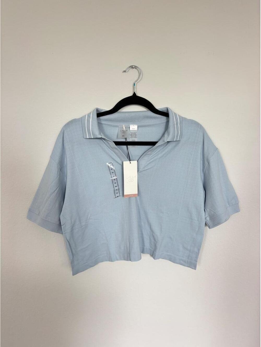 CALIA Seamless Tipped Polo Shirt Pale Blue Short Sleeve Open Neck Cropped NWT XS